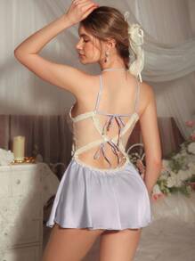 Bowknot Decor Sexy Lace Patchwork Waist Hollow Back Tie Up Soft Satin Women Nightgown Babydoll Luxeloungewear Bow Tie - Mauve Purple - View 2