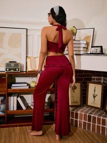 Miss Vinta Women's Twist Knot Backless Halter Top & Ruffle Hem Pants Pajama Set - Burgundy - View 2