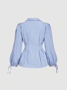 SHEIN MOD Women's Plus Size Elegant Striped Long Sleeve Shirt, Fitted Waist Belt Puff Sleeve Blouse, Suitable For Women, Flattering Silhouette And Graceful Style, For Work Or Casual,Fall Clothes For Women, Striped Blouse, Fitted Blouse, Women Blouses And Shirts, Work Blouses, Casual Work Tops - Blue and White - View 3