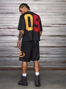 AXEPEAK Bộ áo thun nam cổ tròn tay ngắn in chữ kèm quần short cạp rút - màu đen - Xem 2