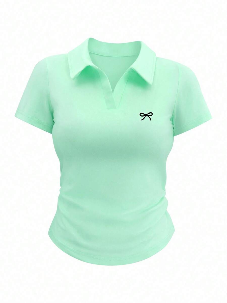 SHEIN EZwear Áo thun tay ngắn in nơ thường ngày dành cho nữ, mùa hè - Màu xanh Bạc hà - Xem 1