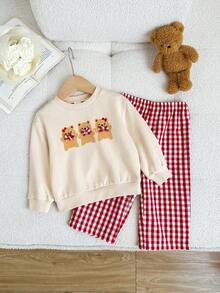 LMoss Kids LMoss 女婴纯色可爱图案圆领卫衣和格子裤套装，两件套，冬季女婴服装，小熊图案，红色格子裤，秋季 - 彩色 - 查看 3