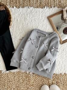 SHEIN Baby Girl Infant Toddler Newborn 0-3 Years Old Autumn/Winter Fashion Knitted Fuzzy Ribbed Bow Cardigan Jacket + Leggings Pants 2-Piece Outfit Set Fall