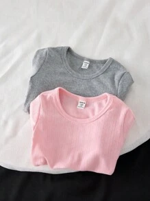 2件套女童简约灰色和浅粉色舒适柔软长袖打底内衣 - 彩色 - 查看 5