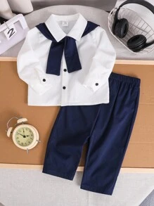 SHEIN 男婴 4 件套蓝白长袖衬衫、宝蓝色披肩、蓝色裤子和提花腰带，适合秋冬季，适合生日派对、洗礼、一周年纪念、晚会、表演、婚礼等场合、学校日常、学院风格、返校季 - 白色 - 查看 2