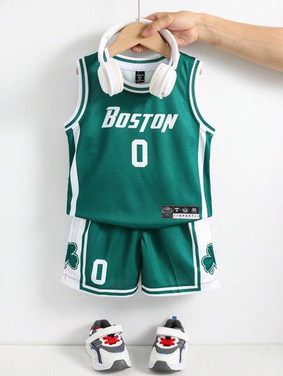 2pcs/Set Young Boys' Green Basketball Jersey & Shorts Set, Casual Comfortable Versatile Printed Sports Outfit, Suitable For Outdoor, Sports, And School