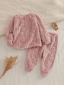 女婴柔软舒适毛绒面料长袖上衣和裤子家居服，粉色 - 粉色 - 查看 2