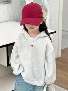 DAZY 年轻女孩可爱蝴蝶结刺绣休闲连帽卫衣 - 灰色 - 查看 3