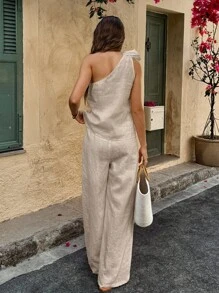 , Conjunto de 2 Piezas para Mujer, Top de Color Sólido con Cuello Asimétrico y Pantalones de Pierna Ancha, Estilo Vacacional - Caqui - Ver 2