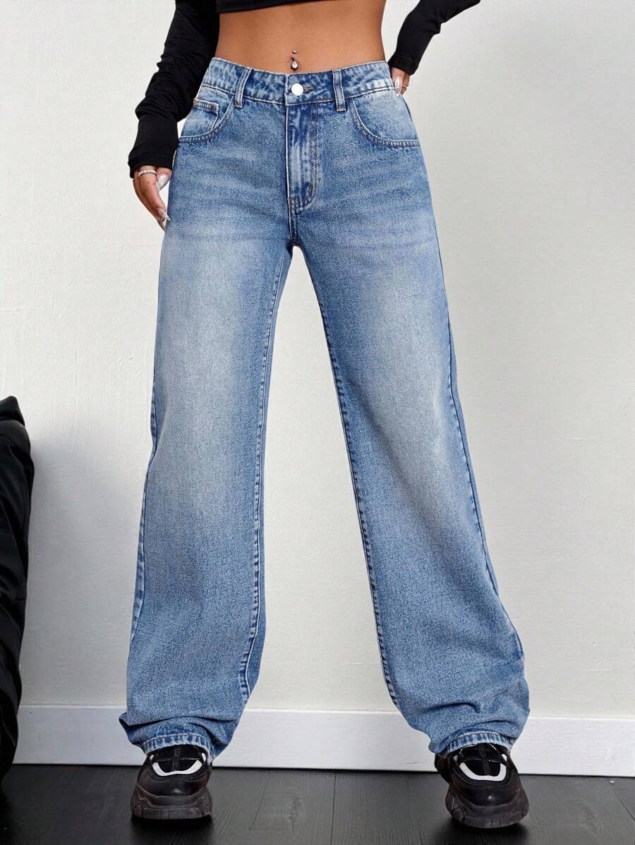 SHEIN EZwear Verwaschen Denim Blau Schräggesetzte Tasche Weite Bein Jeans
