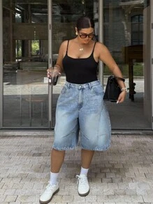 SHEIN EZwear Quần jean ống rộng giặt thường ngày mùa hè cỡ lớn - Màu xanh lam - Xem 5