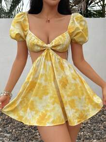 SHEIN Unity Váy mini thường ngày cho nữ có tay bồng, họa tiết hoa nhuộm loang, thời trang & đa năng cho kỳ nghỉ, mùa xuân/hè - Màu vàng - Xem 5