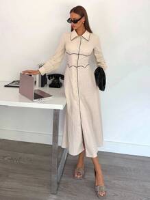 Siren Gaze Women's Casual Commuter Color Block Trim Front Button Long Dress, Fall Women Clothes,Back To School,Country Concert Outfit , Business Casual Woman, Teacher Outfits For Women,Date Night Outfits Women ,Birthday Outfit ,Brunch Outfits For Women,Western Women Wear ,Business Casual Woman ,,Fall Dresses For Women Winter Elegant Evening Dress