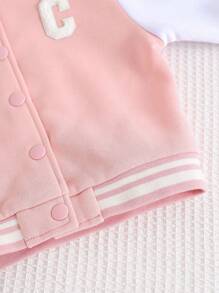 Cozy Pixies Áo nỉ dài tay cổ bóng chày thêu chữ màu tương phản thời trang thu đông cho bé gái, có miếng vá, đa năng, lót nhiệt - Hồng - Xem 5