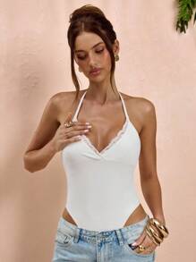 SHEIN BAE Bộ đồ liền thân bó sát màu trắng trơn gợi cảm cổ chữ V sâu, dây mảnh, ren chắp vá, áo trắng, mùa xuân/hè - trắng - Xem 3