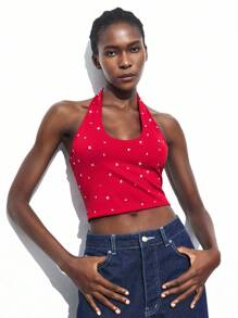 Maija U-Neck Rhinestone Halter Neck Top, Urban Business Casual Women's Wear, Minimalist Fashionable, Suitable For Music Festivals, Halloween, Christmas, Parties, Bohemian Style Vacation Outfits, Open Shoulder Top Red Tops - Red - View 2