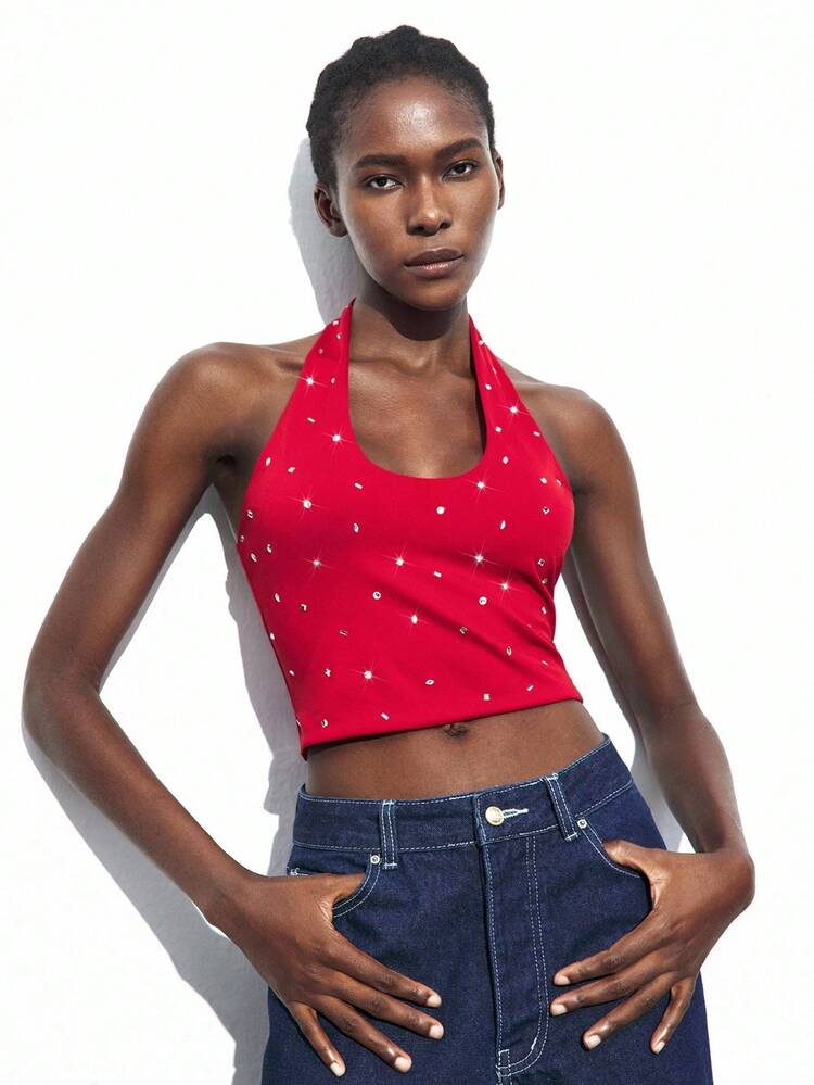 SHEIN Maija Top con cuello de halter con rhinestones, uso casual urbano de negocios, minimalista y de moda, adecuado para festivales de música, Halloween, Navidad, fiestas, vacaciones de estilo bohemio, tops rojos