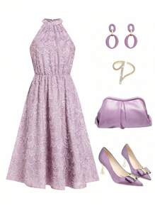 Ellevyn Women's Elegant Textured Jacquard Tie Neck Cinched Waist A-Line Long Dress, Spring/Summer  Airport Outfit For Women  Birthday Outfit    Going Out Tops Women  Wedding Guest Dress Women  Wedding Guest  Fall Women Clothes  Fall Dresses For Women  Halter Neck Dress  Elegant Purple Dress  Bridesmaid Dress  Off The Shoulder Dress   Airycore  Fringe Dress    Birthday Dresses For Women  Dresses For Women Summer - Purple - View 2