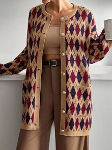 EURMUSE 女式菱形落肩长袖纽扣开衫，秋冬 - 駝色 - 查看 5