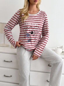 EURMUSE 棉质女士两件套圆领条纹可爱考拉印花长袖衬衫和纯色睡裤家居服套装 - 彩色 - 查看 1