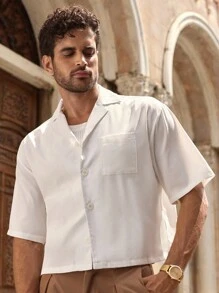 HIMLAND Men's Casual Loose Drop Sleeve Band Collar Short Sleeve Shirt Men Summer White Shirt Men Summer Wear For Men Resort Wear White Beach For Men Europe Summer For Men Greece Vacation Men White Summer Shirt Men Vacation Shirt Beach For Men White Men Italy Vacation - White - View 6