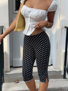 MainGRL Women Casual Capris Polka Dot Print Slim Fit Shorts,Going Out Outfits,Back To School Clothes, - Black and White - View 3