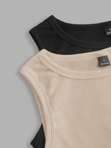 SHEIN LUNE 2pcs Solid Color Khaki & Black Round Neck Fitted Ribbed Waist Ruched Camisole, Suitable For Autumn Layering,Casual - Multicolor - View 8