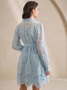 Anewsta Váy sơ mi xanh thêu laser thanh lịch - Xanh và trắng - Xem 6