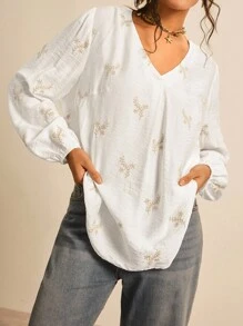 SHEIN LUNE Plus Size Women's Floral Embroidery V-Neck Lantern Sleeve Loose Casual Shirt V Neck Blouse Embroidered Blouse White Blouse Fall Clothes For Women Business Casual Woman - Multicolor - View 1