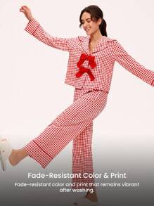 LUVLETTE Women Red Bow Check Cozy At Home Plaid Patterned Cotton Long Sleeve & Pants Set Cute Pajama Lingerie As Outerwear Cozy At Home Checks And Balances Also Suitable For Teen Girl & Young & Kid, Fall Clothes - Red - View 7