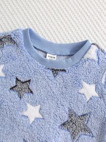 SHEIN 2 件婴儿男孩/女孩星星图案圆领长袖连帽衫和弹性袖口裤子加厚套装，柔软舒适的基本款服装，适合室内、室外、秋冬季 - 彩色 - 查看 5