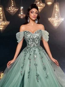 Glamrae 优雅奢华 3D 刺绣蕾丝露肩性感高开衩拖尾长裙，适合婚礼、活动、派对、度假、庆典、正式场合（重刺绣） - 灰藍色 - 查看 5