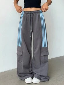 SHEIN BASICS بنطلون رياضي نسائي بلون أحادي مريح وفضفاض، خريف/شتاء - رمادي غامق - مشاهدة 6