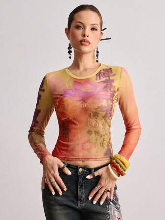 ROMWE Avant Nueva blusa transparente con estilo chino, con diseño de flor de loto y texto de caligrafía de peces dorados para mujeres