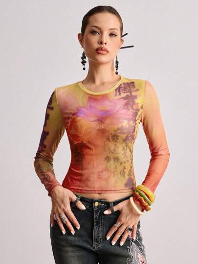 ROMWE Avant New Chinese Style Lotus Flower & Goldfish Calligraphy Text Sheer Blouse For Women