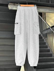 SHEIN 青少年男孩简约纯灰色工装运动裤，休闲学院风，舒适时尚，百搭，面料柔软，适合日常穿着、上学、郊游、户外运动、秋冬季