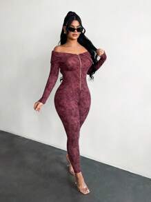 SHEIN SXY 露肩扎染拉链连体裤、返校季、秋季女装、Y2K、外出、秋季服装、乡村音乐会服装、性感女式俱乐部服装、街头服饰、狂欢服装、俱乐部服装、女式约会夜服装、长袖连体裤、紧身连体裤、露肩连体裤、女式连体裤 - 棕色 - 查看 6