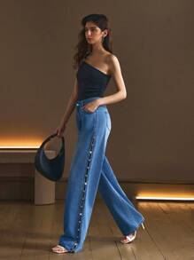 Selenza 女式水钻镂空口袋宽腿宽松休闲牛仔裤 - 藍色 - 查看 5