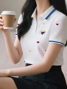 Heart Print Striped Trim Polo Neck Tee - Multicolor - View 3