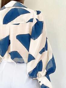 INAWLY Áo sơ mi nữ dài tay in họa tiết toàn thân có cổ áo sơ mi, thường ngày - Màu xanh lam - Xem 3