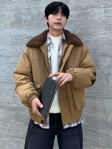DAZY 男士加厚羽绒服，翻领设计，大口袋，咖啡棕色，冬季度假外套 - 咖啡棕 - 查看 4