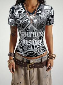 StreetHx 女式字母印花V领短袖修身休闲T恤 - 彩色 - 查看 7