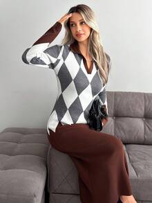 EURMUSE NAVY & WHITE ARGYLE PATTERNED LONG-SLEEVE SLIM FIT POLO COLLAR KNIT DRESS WOMEN'S WEAR,Petite - Brown - View 1