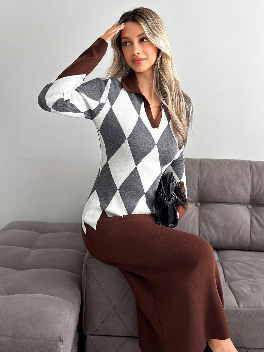 EURMUSE NAVY & WHITE ARGYLE PATTERNED LONG-SLEEVE SLIM FIT POLO COLLAR KNIT DRESS WOMEN'S WEAR,Petite - Brown - View 1