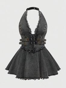 ROMWE Grunge Punk Y2K 磨边水洗做旧色露肩荷叶边下摆加大码女式迷你牛仔连衣裙 - 灰色 - 查看 1