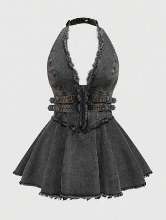 Grunge Punk Y2K Frayed Washed Distressed Color Cold Shoulder Ruffle Hem Plus Size Women Mini Denim Dress