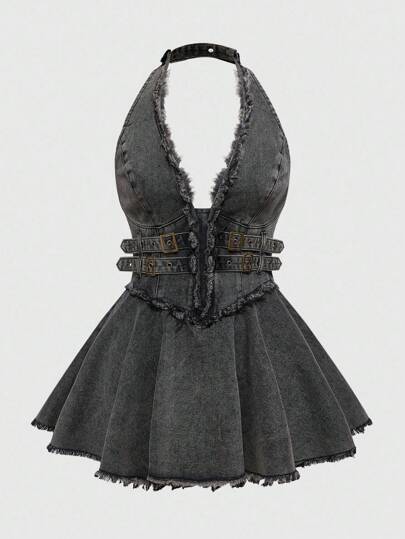 Grunge Punk Abito di jeans mini da donna taglie forti con spalle scoperte, orlo arricciato e lavaggio slavato effetto consumato nello stile Y2K