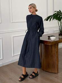 DAZY Vestido casual de mezclilla de cuello redondo y cintura ceñida para mujer