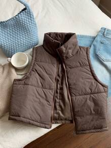 SHEIN EZwear Zip Up Sleeveless  Vest Coat - Coffee Brown - View 7