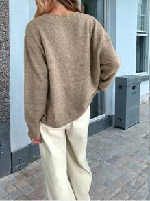 SHEIN Women Plus Size Solid Color Casual Knit Cardigan, Autumn/Winter Fall - Khaki - View 2